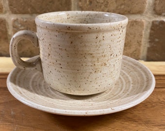 Churchill England Homespun Cream Speckled Stoneware Mug with Saucer ~ Stonecast Range Mug ~ Made in England ~ Farmhouse, Cottage, Lodge
