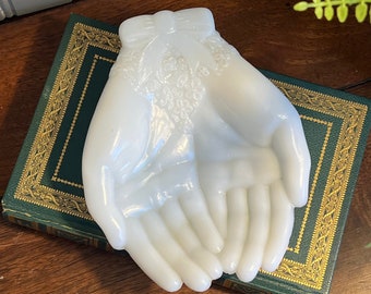 Vintage Avon White Milk Glass Hands, Soap Dish, Key, Coin, Jewelry Trinket Dish ~ Cottagecore, Farmhouse, French Country Trinket Dish