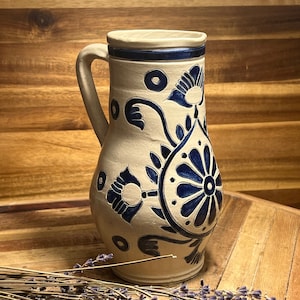 Handmade Pottery Small Pitcher / Gravy Boat Blue Glaze with Palm Design