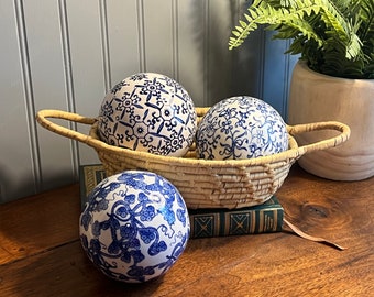 Set of 3/Striking Cobalt Blue & White Porcelain 4" Wide Chinoiserie Toile Decorative Carpet Balls/Orbs/Spheres ~ Blue White Carpet Balls