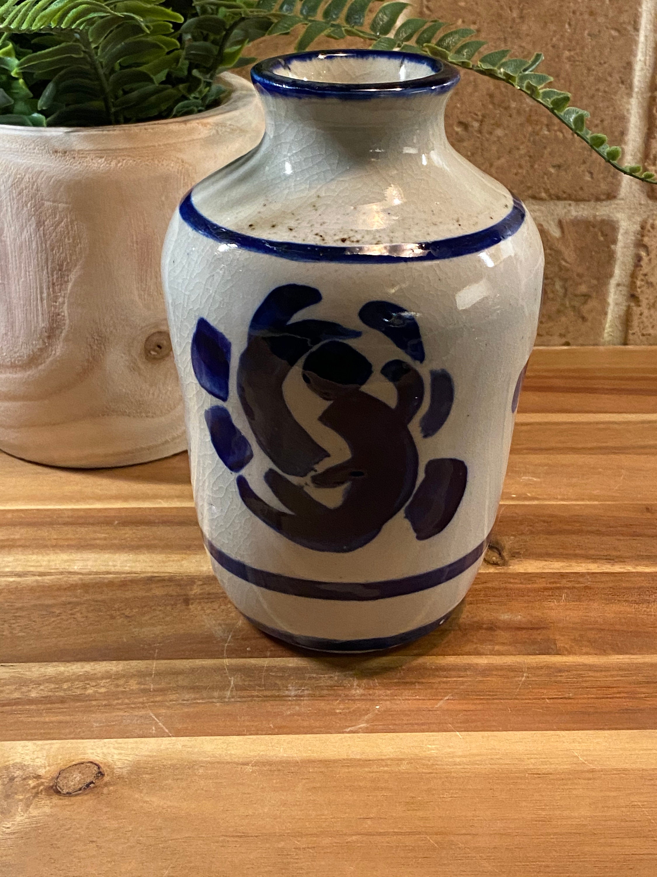 Handmade Heavy Blue Patterned Glazed Stoneware Pottery Vase ~ Striking ...
