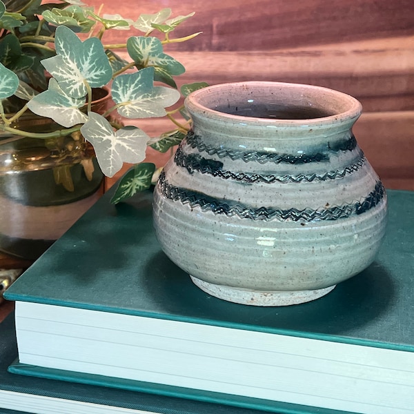 Handmade Dark Green Striped Glazed Green Stoneware Pottery Bud Vase ~ Striking Earth-tone Pottery ~ Farmhouse Curvy Pottery Vase for Flowers