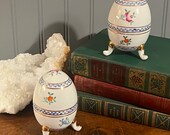 Set of 2 Vintage Colorful Hand-Painted Limoge Porcelain Egg Jewelry Trinket Boxes with Gold Painted Accents Blue, Pink, Gold 3-Foot Egg
