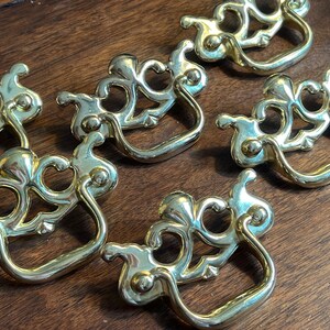 Set of 6/Vintage Shiny Solid Brass 'Chippendale' Drawer Handle Pulls ~ Vintage Brass Drawer Pulls ~ Vintage Brass Cabinet Pulls