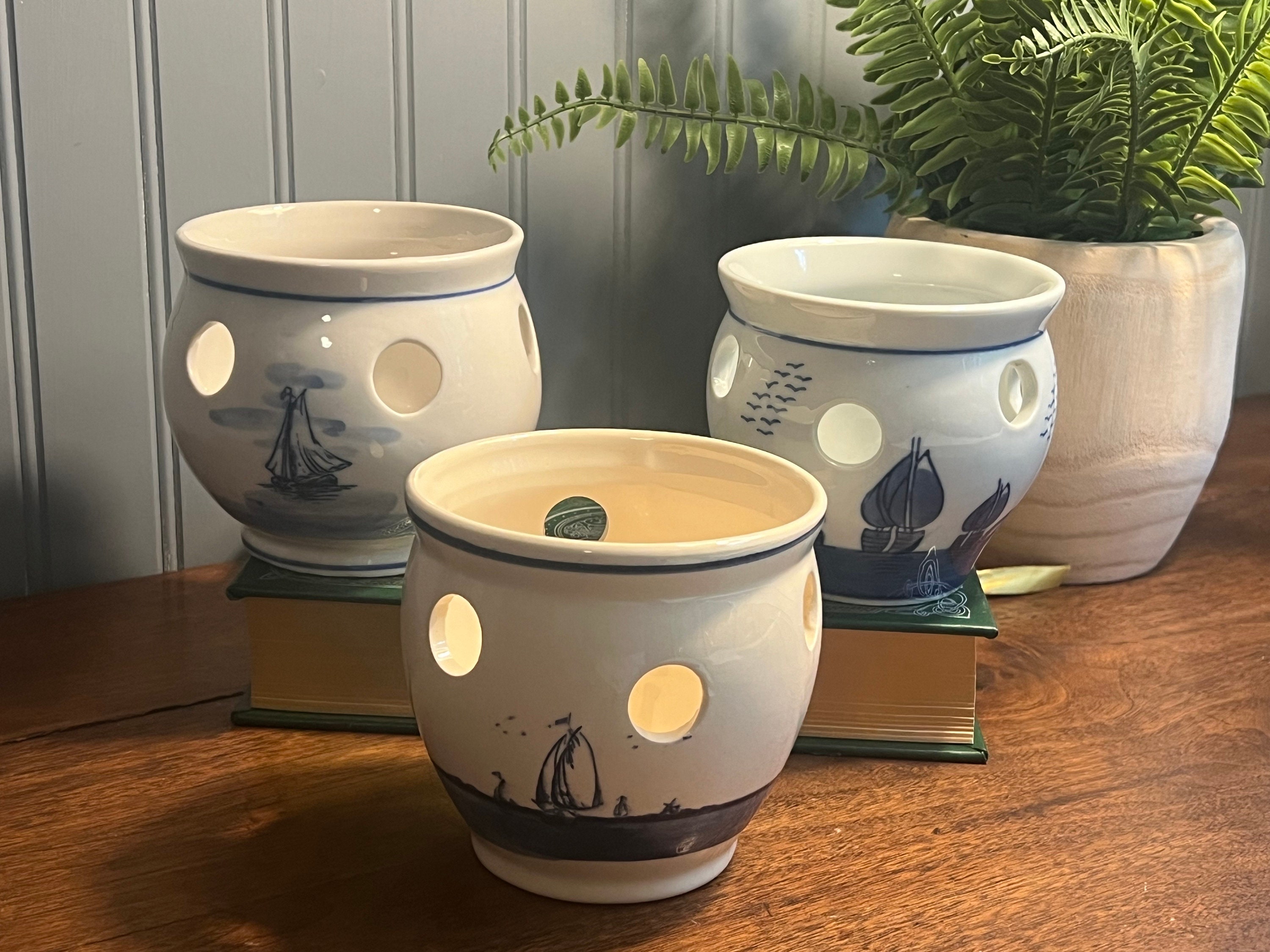 Set of 3/vintage Hand-painted Blue & White Delft Pottery Candle Holders ...