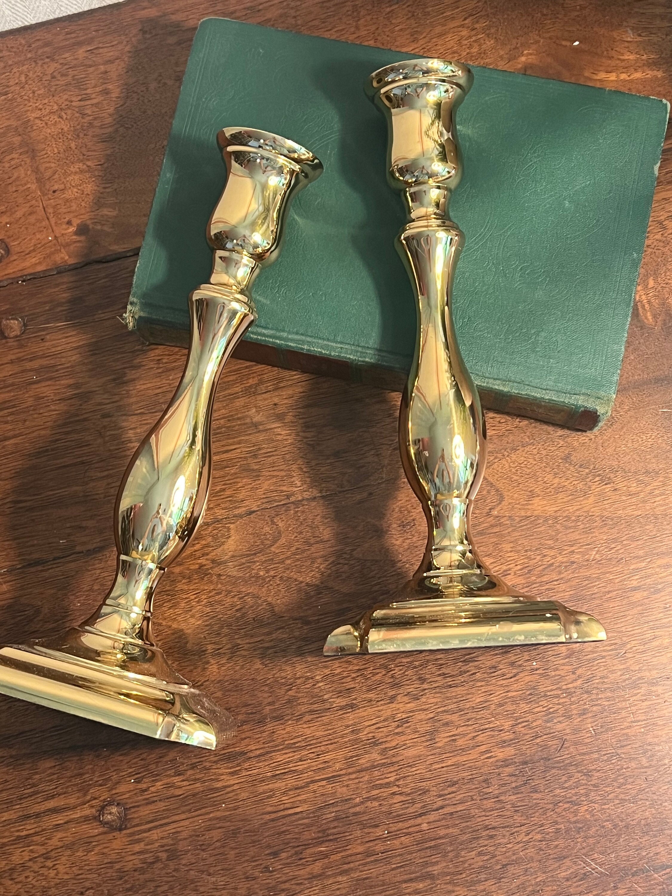 Set of 2/Matching Vintage Solid Brass 9.25 Tall Candlestick Holders ~  Mid-Century Shiny Brass Decor ~ Farmhouse Mantle Fireplace Decor
