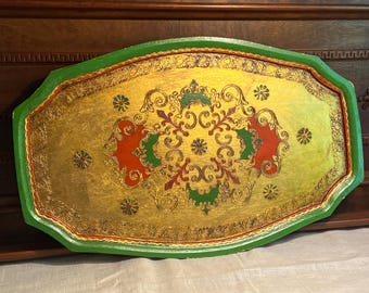 Vintage 20" Wide Green, Orange, & Gold Florentine Decorative Tray ~ Made in Italy ~ Large 1950's Italian Carved Wooden Tray ~ Italian Decor