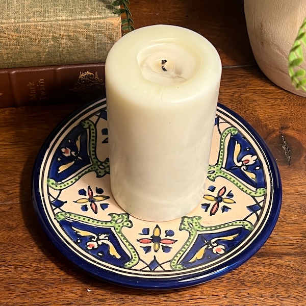 Handmade by Le Souk Ceramique, Hand-Painted Glazed Clay 7" Candle Holder Plate/Platter (Tunisia) ~ Red Blue Green Pottery Candle Plate