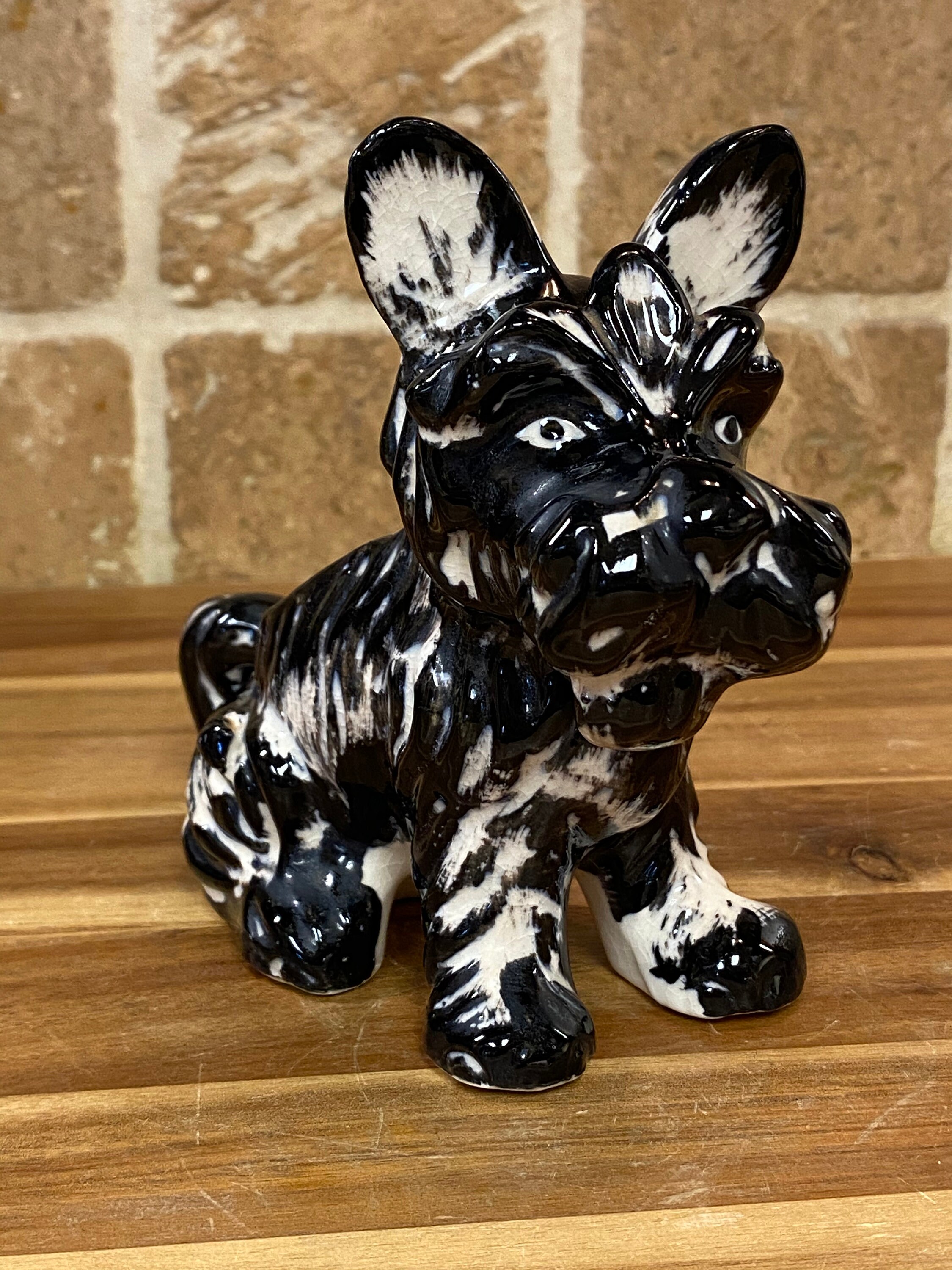 Vintage Ceramic Glazed Black & White Scottish Terrier Figurine