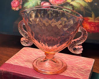 Vintage 1927 Fenton Fan Vase Orchid Diamond Optic Dolphin Handled