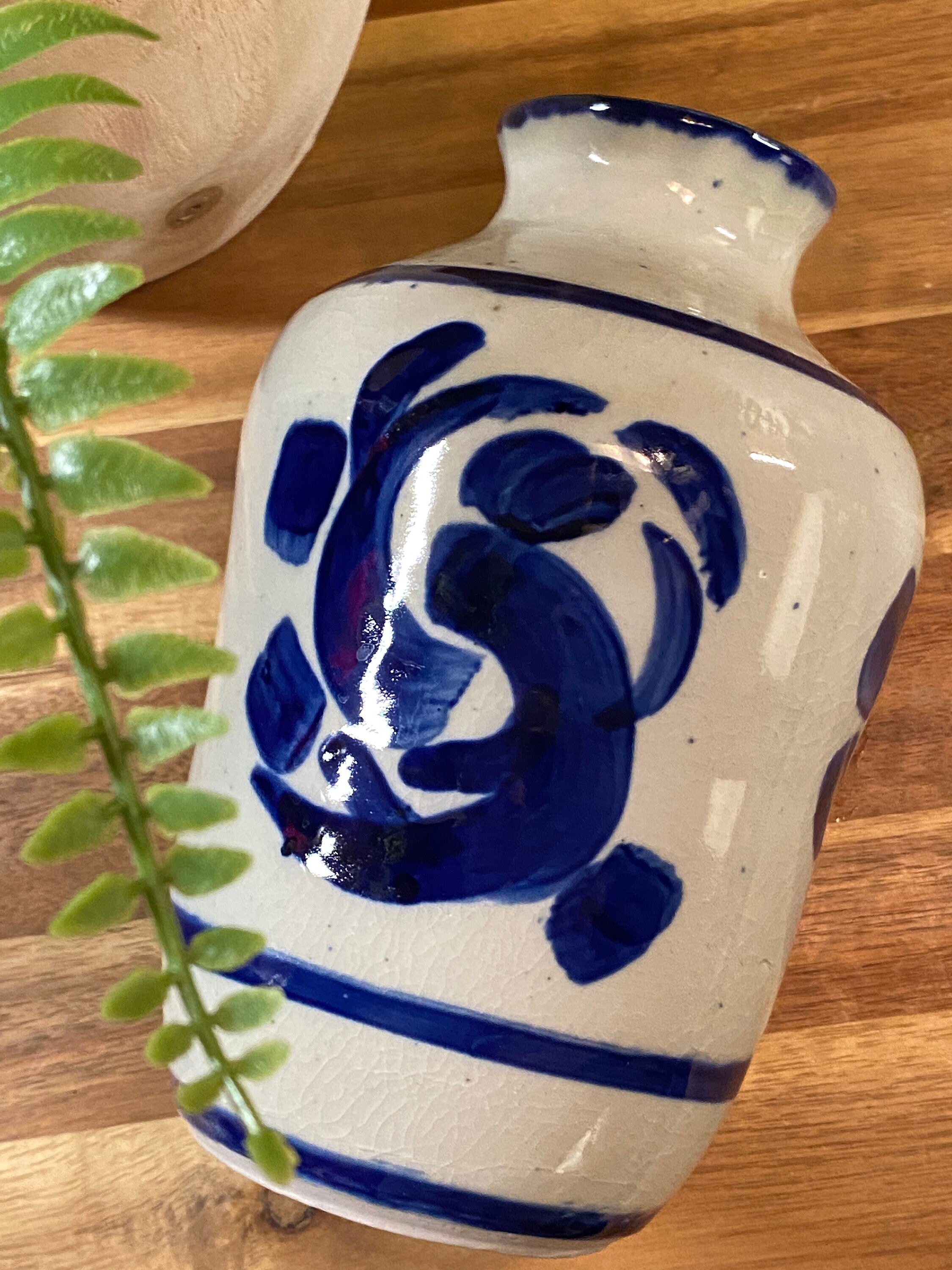 Handmade Heavy Blue Patterned Glazed Stoneware Pottery Vase ~ Striking ...