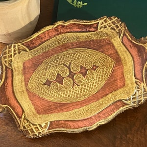 Vintage 1950s Gold & Orange Scalloped Edge 14” Rectangular Florentine Decorative Tray ~ Made in Italy ~ Carved Wood Design ~ Italian Decor