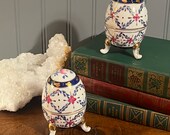 Set of 2 Vintage Colorful Hand-Painted Limoge Porcelain Egg Jewelry Trinket Boxes with Gold Painted Accents Blue, Pink, Gold 3-Foot Egg
