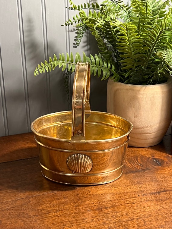 Vintage Oval Solid Brass Seashell Indoor Planter Bucket Decorative