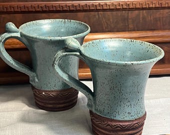 Set of 2/Handmade Pottery Stoneware Glazed Speckled Blue & Tan Handled Mugs ~ Tea or Coffee Mugs ~ Handmade Pottery Mugs ~ Cabin Winter Mugs