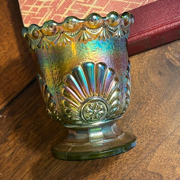 RARE ~ Vintage, 1890s Westmoreland Shell & Jewel Carnival Glass Dish ~ Lovely Iridescent Green Orange Decorative Glass Piece