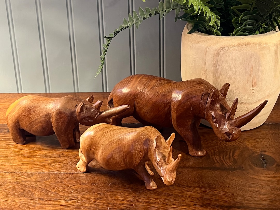 Set of 3/vintage Handcarved Teak Wood Decorative Rhino Figurines Rustic Teak Animal Sculptures
