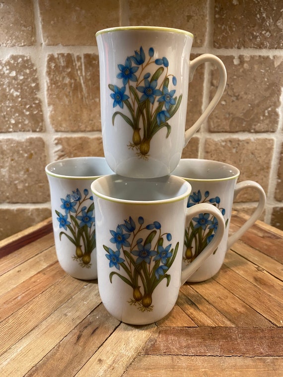 Set of 4/otagiri Japan Porcelain Blue Floral Mugs Made in | Etsy