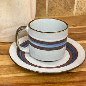 Vintage Otagiri 'Horizon' Speckled Stoneware Coffee Tea Mug with Saucer (Made in Japan) ~ Vintage Blue Brown Striped Farmhouse Otagiri Mug