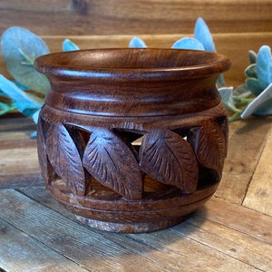 Hand-Carved Wooden Acadia Candle Holder with Cutout Leaves ~ Bohemian Decor ~ Wooden Leaves Candle Holder ~ Natural Acadia Wood