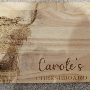 Personalised Wooden Cheeseboard with Scottish Highland cow, stag, christmas present, anniversary present, new home, house, moving home