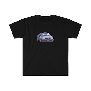 May include: A black t-shirt with a silver car illustration on the front. The car has a license plate that reads "2002".