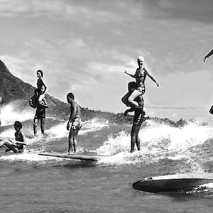 Vintage Hawaiian Retro Tandem Surfing Photograph Poster Print Honolulu HI