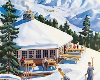Póster de viaje de esquí en la nieve de la década de 1940 de Sun Valley, Idaho