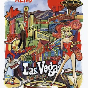 Póster de viaje de los años 70 del lago Tahoe, Reno y Las Vegas (NV)