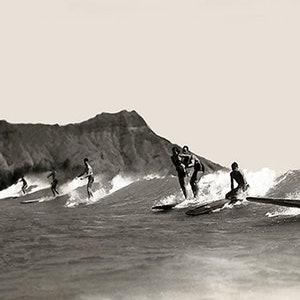 Tandem Surfing vintage Waikiki, retro Hawaii Photograph, Poster, Print