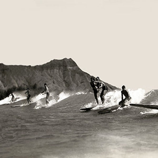 Tandem Surfing vintage Waikiki, retro Hawaii Photograph, Poster, Print