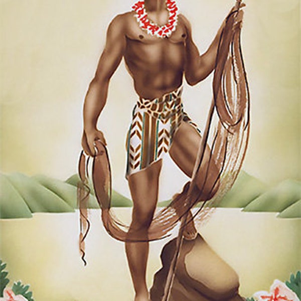 Vintage Tiki Illustration Artwork, Male Figure Study Poster Print