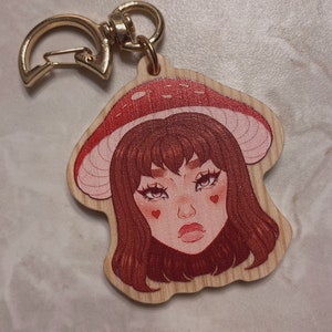 Mushroom Girl Wooden Keychain image 1