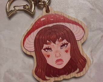 Mushroom Girl Wooden Keychain