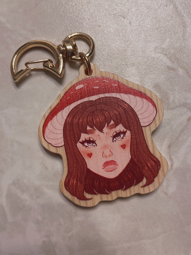 Mushroom Girl Wooden Keychain image 1