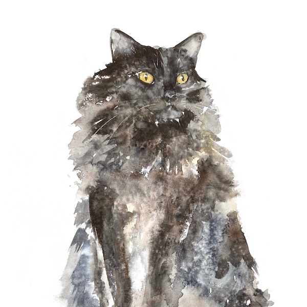 Fluffy Black Cat, Cats Artwork, Watercolor Print, Cats, Art Print, Cat Watercolor, Cute Cat, Cat Lovers Gift