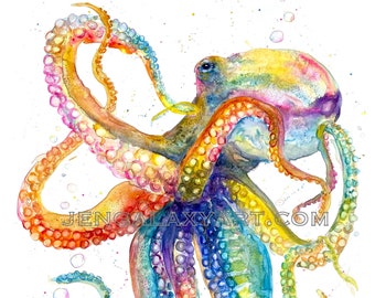 Rainbow Octopus Watercolor Art Print: Colorful Ocean Nursery Decor