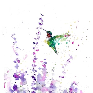 Hummingbird and Lavender  Art, Watercolor Print, Art Print, Flower Art, Ann&#39;s Hummingbird, Bird art