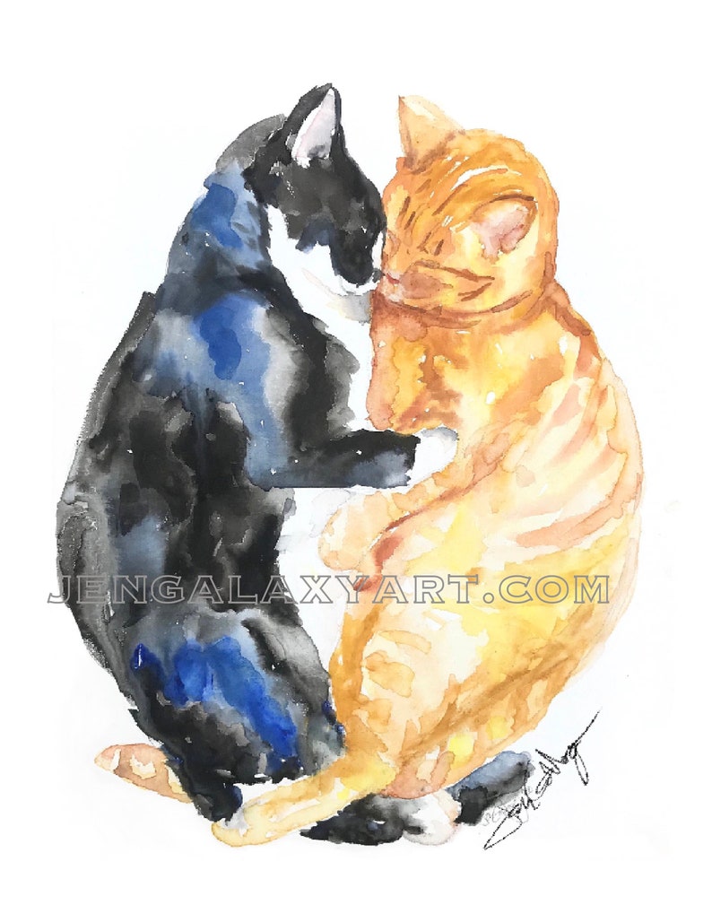 Tuxedo and Tabby, Love Cats Artwork, Watercolor Print, Cats, Art Print, Cat Watercolor image 1
