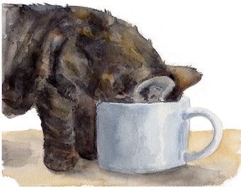 Tabby Cat Watercolor Print: "Meow Coffee Please" Art