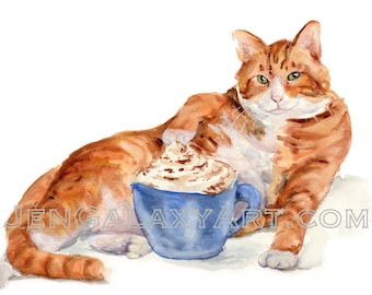 Cat Art, Coffee Art, Tabby Cat Artwork, Sexy Cat, Watercolor Print,  Watercolor Cat Art, Dog Painting, Coffee Print, Fun Art, Nursery Decor