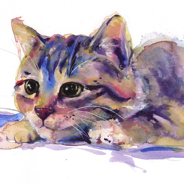 Watercolor Grey Cat Etsy