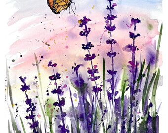 Butterfly and Lavender  Art, Watercolor Print, Art Print, Flower Art, Monarch butterfly, butterfly art