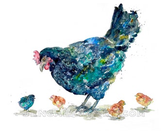 Chicken Mama, Chicken Painting, Watercolor Print, Art Print, Chickens Art, Bird Art, Bird Painting, Watercolor Chicken