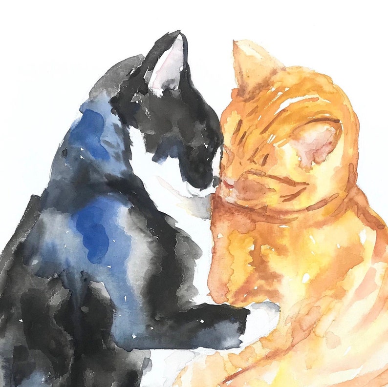 Tuxedo and Tabby, Love Cats Artwork, Watercolor Print, Cats, Art Print, Cat Watercolor image 2