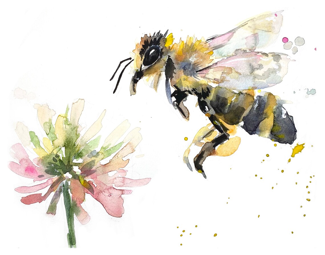 Honey Bee and Clover Watercolor Print Art Print Flower Art - Etsy