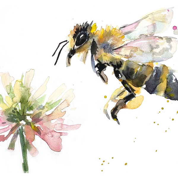 Honey Bee and Clover, Watercolor Print, Art Print, Flower Art, Honey Bee, clover