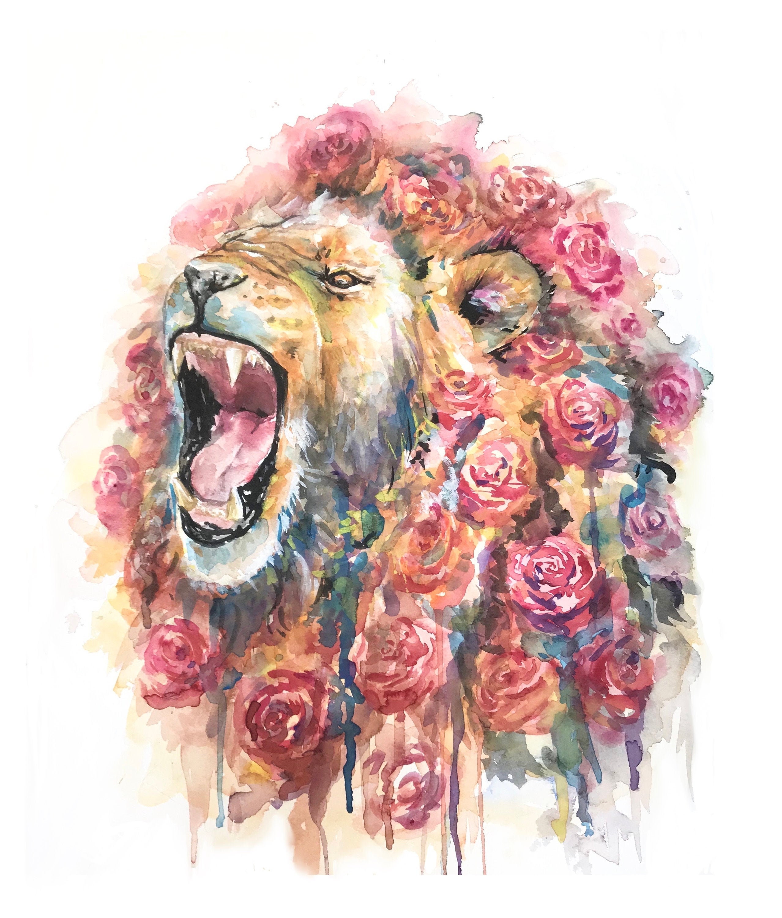 Lion Rose Art Delicate Soft Loud and Fierce Watercolor Etsy