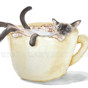 Cat Art, Coffee Art, Siamese Cat Artwork, Watercolor Print,  Watercolor Cat Art, Dog Painting, Coffee Print, Fun Art, Nursery Decor