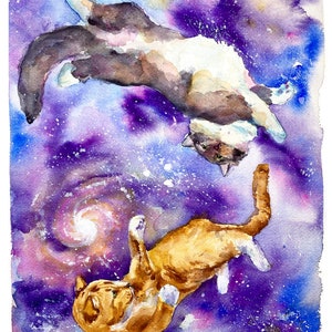Cat Artwork, Watercolor Print, Galactic Cats, Art Print, Cat Artwork Fine Art, Galaxy